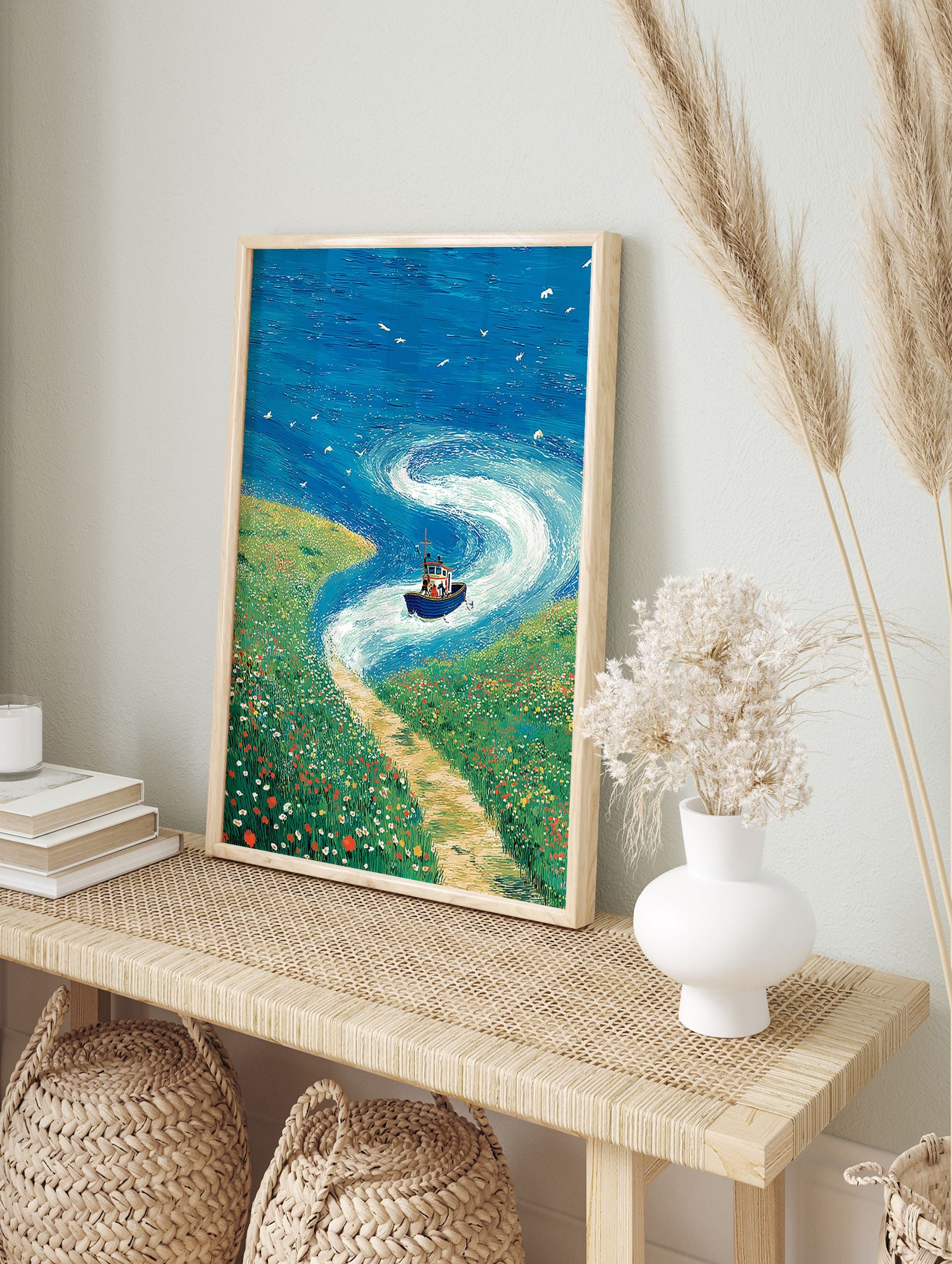 Vibrant coastal wall art featuring a blue boat on a swirling blue sea next to a green field of colorful wildflowers and a path. - Image 3