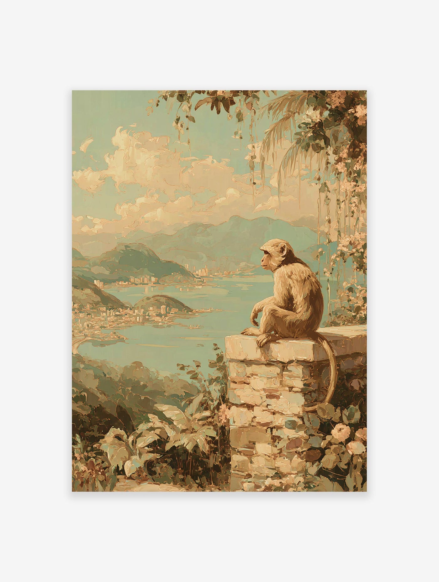 Impressionistic coastal wall art painting of a monkey on a stone wall overlooking a tropical city, bay, and mountains.
