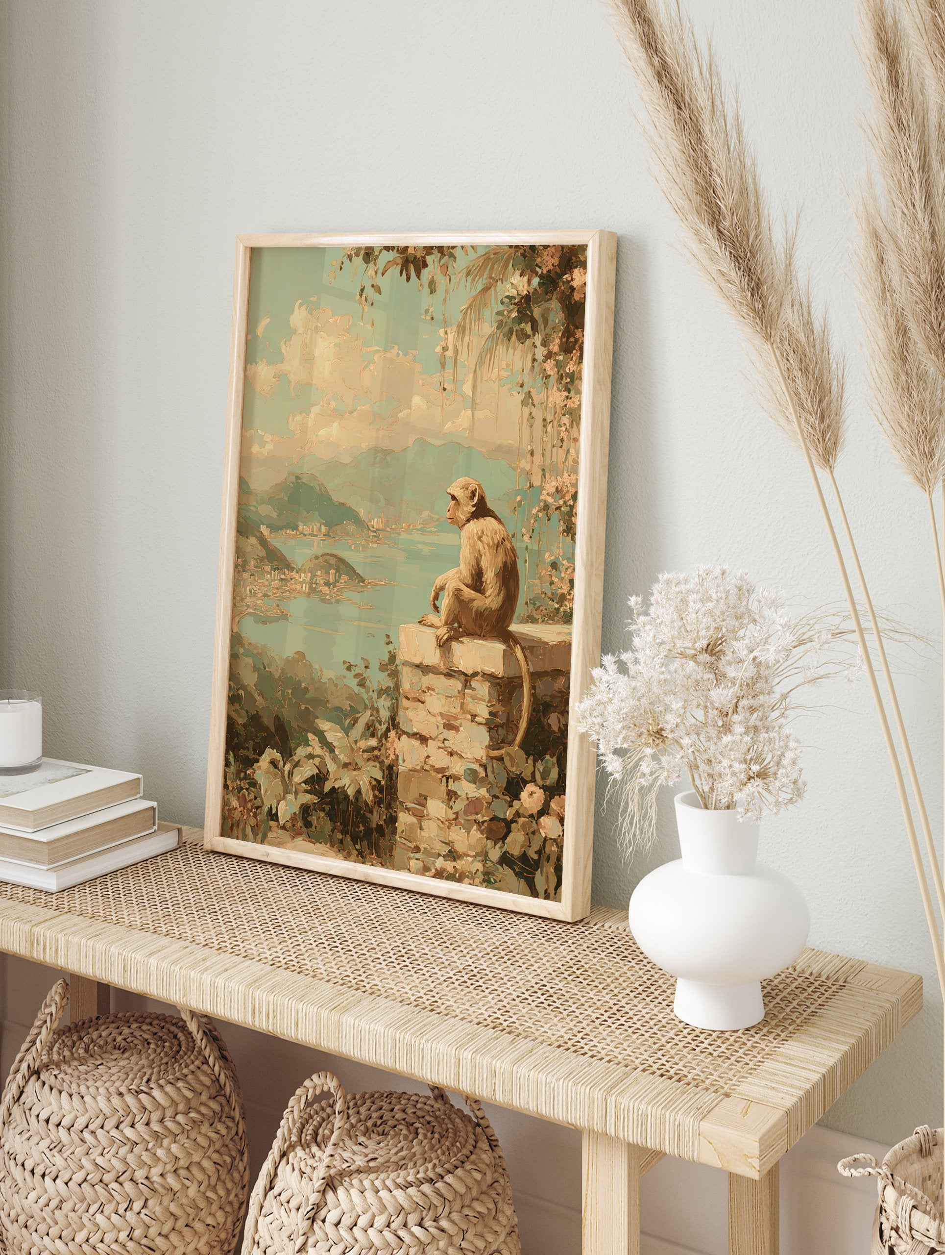 Impressionistic coastal wall art painting of a monkey on a stone wall overlooking a tropical city, bay, and mountains. - Image 3