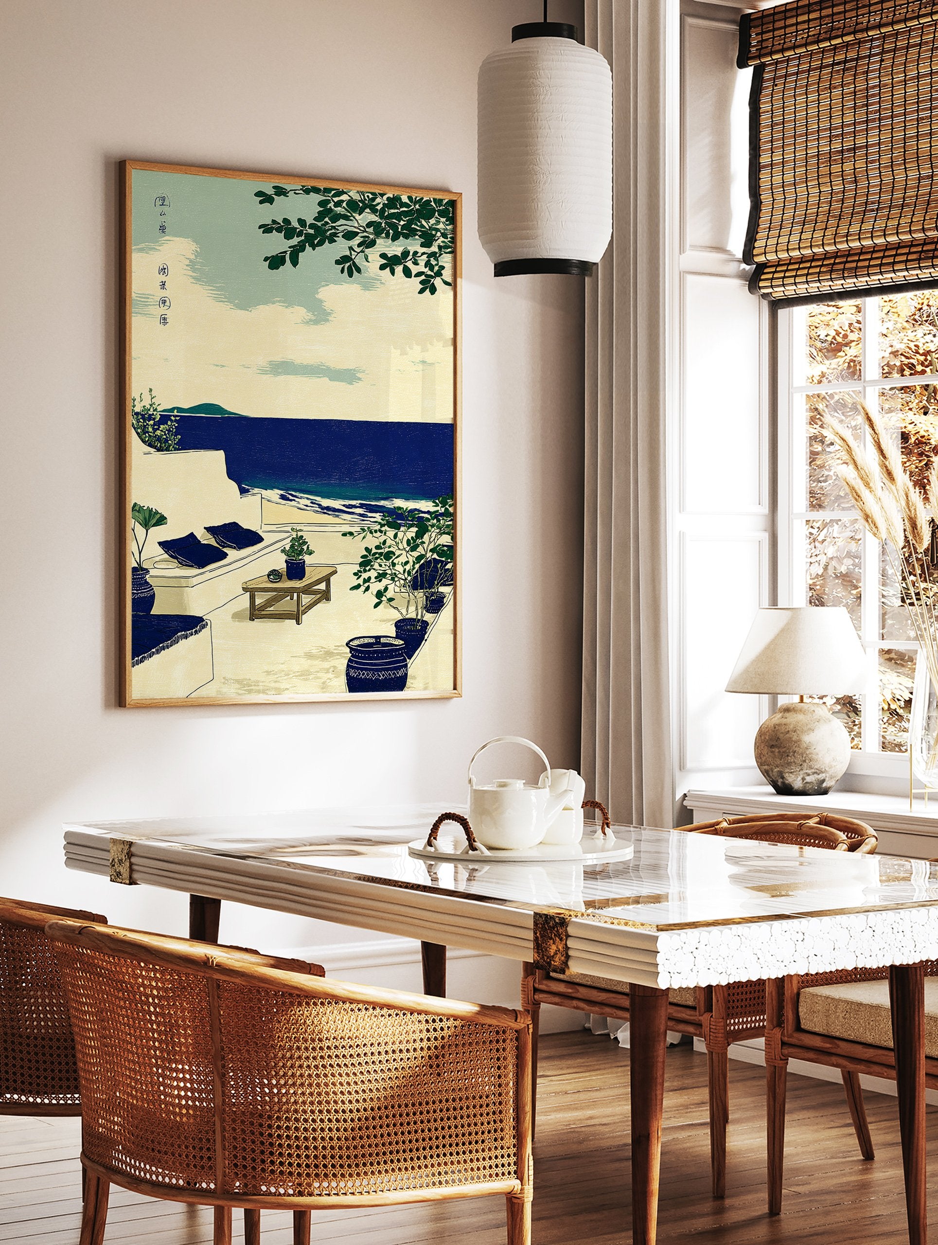 Coastal wall art illustration of a serene ocean view patio with white architecture, green plants, and a deep blue sea. - Image 2