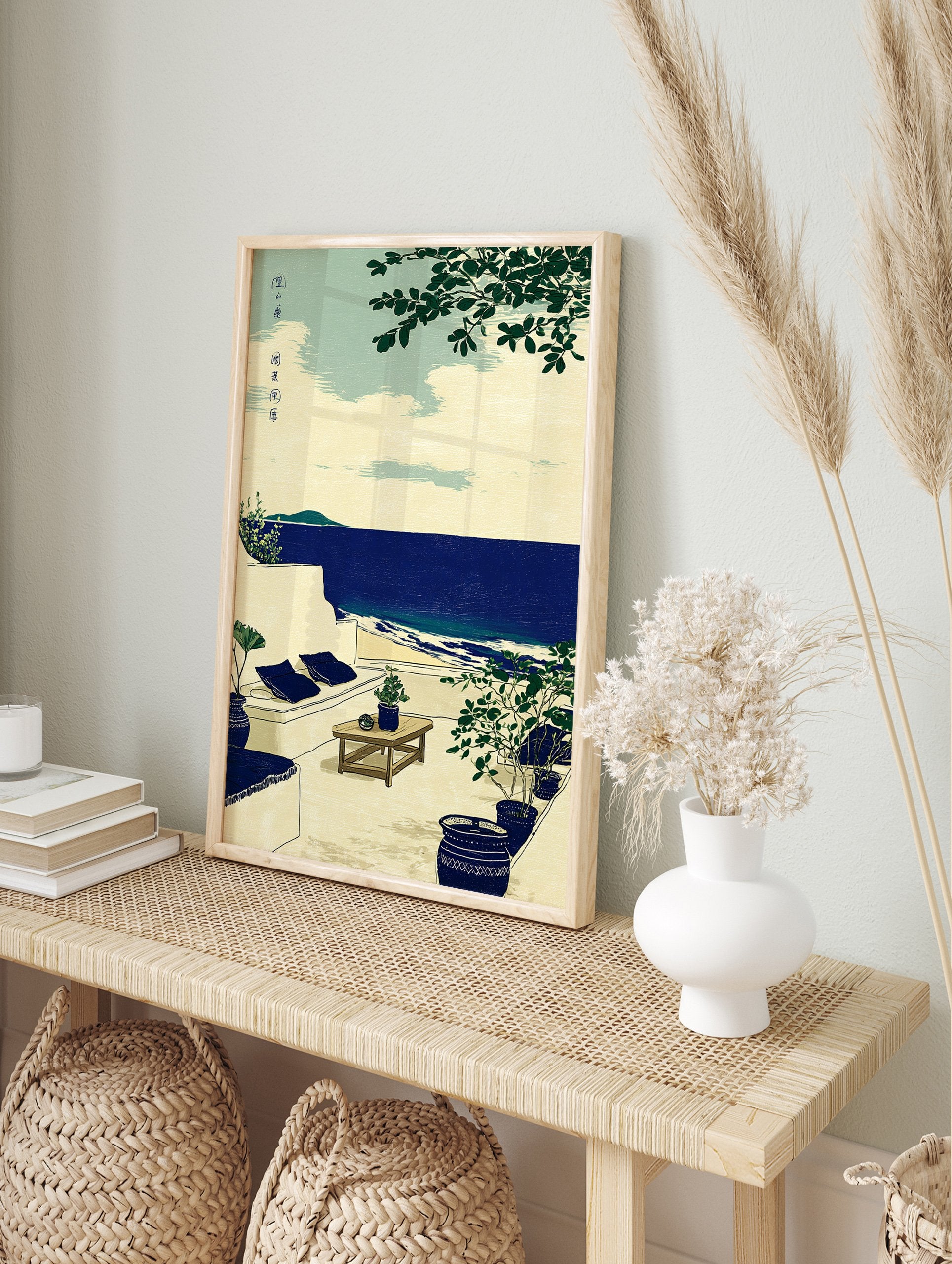 Coastal wall art illustration of a serene ocean view patio with white architecture, green plants, and a deep blue sea. - Image 3
