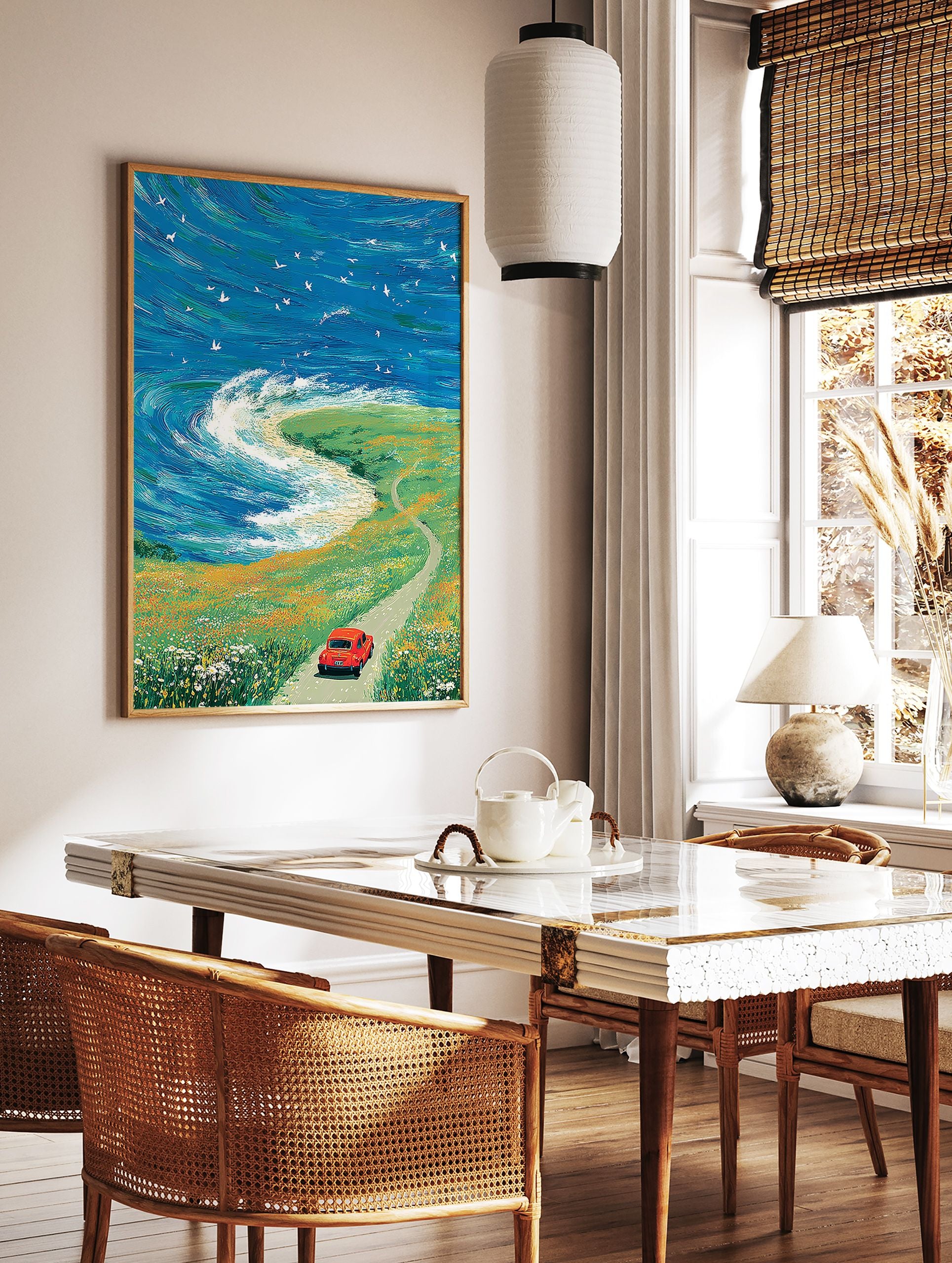 Vibrant coastal landscape painting with a red car on a road, ocean waves, and flower fields under a blue sky. - Image 2