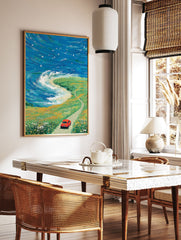 Vibrant coastal landscape painting with a red car on a road, ocean waves, and flower fields under a blue sky. - Image 2