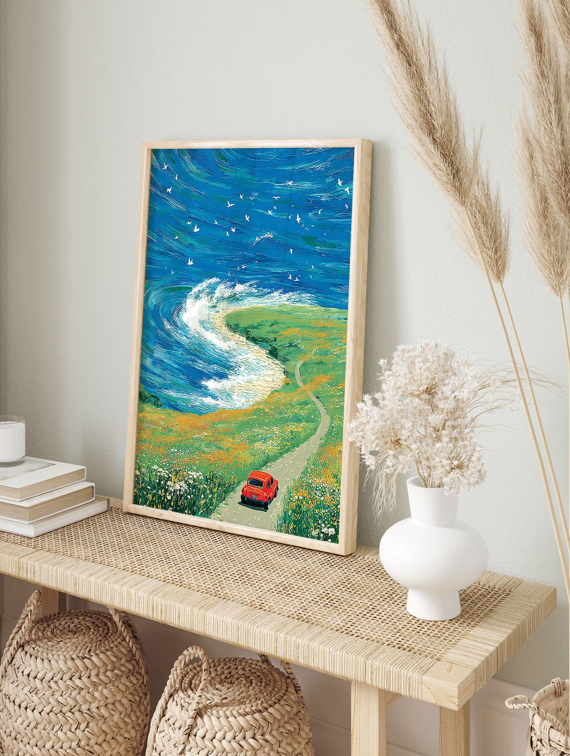 Vibrant coastal landscape painting with a red car on a road, ocean waves, and flower fields under a blue sky. - Image 3