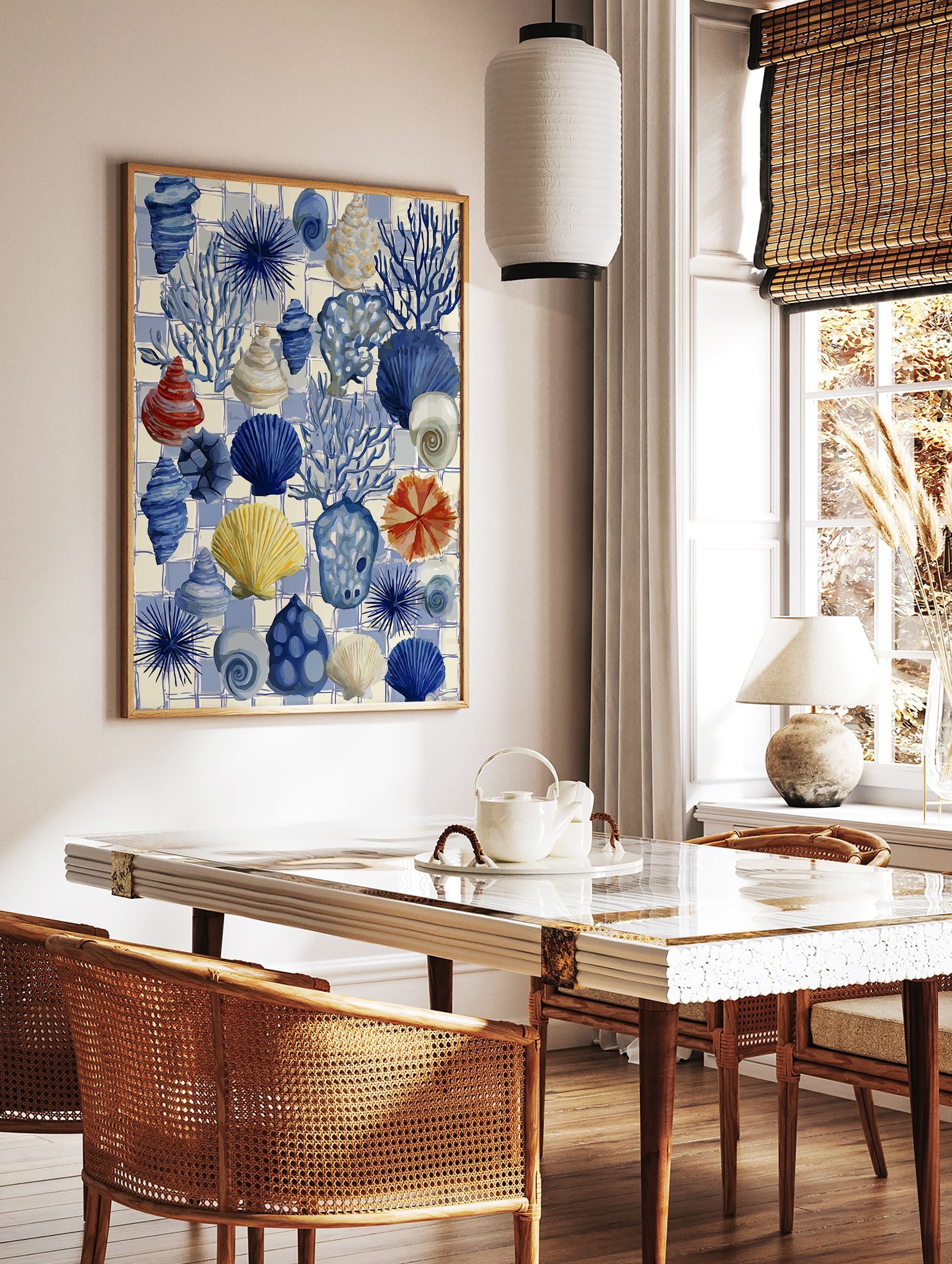 Illustrative coastal wall art featuring blue seashells, coral, and sea urchins on a blue and white checkered background. - Image 2