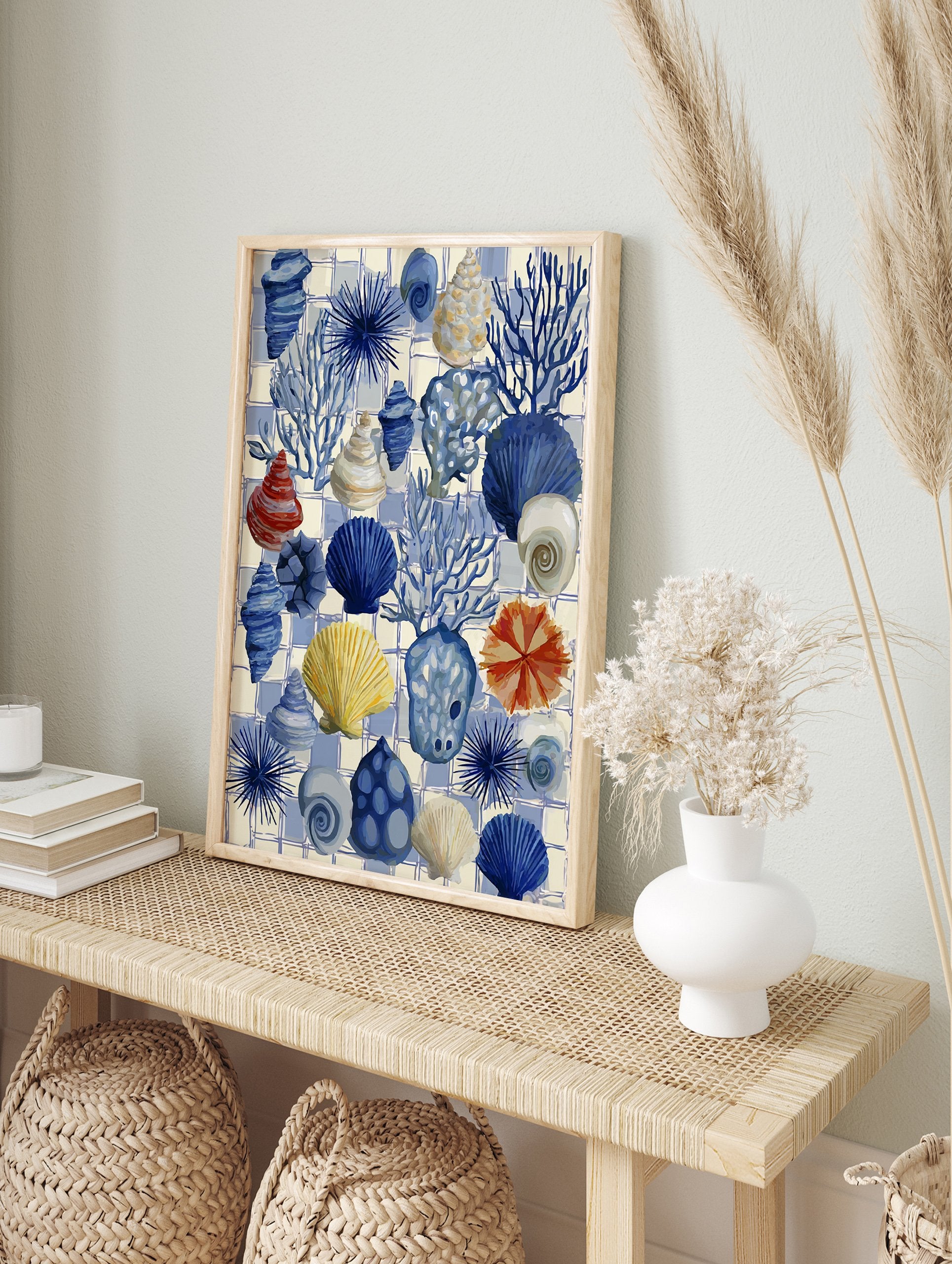 Illustrative coastal wall art featuring blue seashells, coral, and sea urchins on a blue and white checkered background. - Image 3