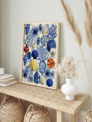 Illustrative coastal wall art featuring blue seashells, coral, and sea urchins on a blue and white checkered background. - Image 3