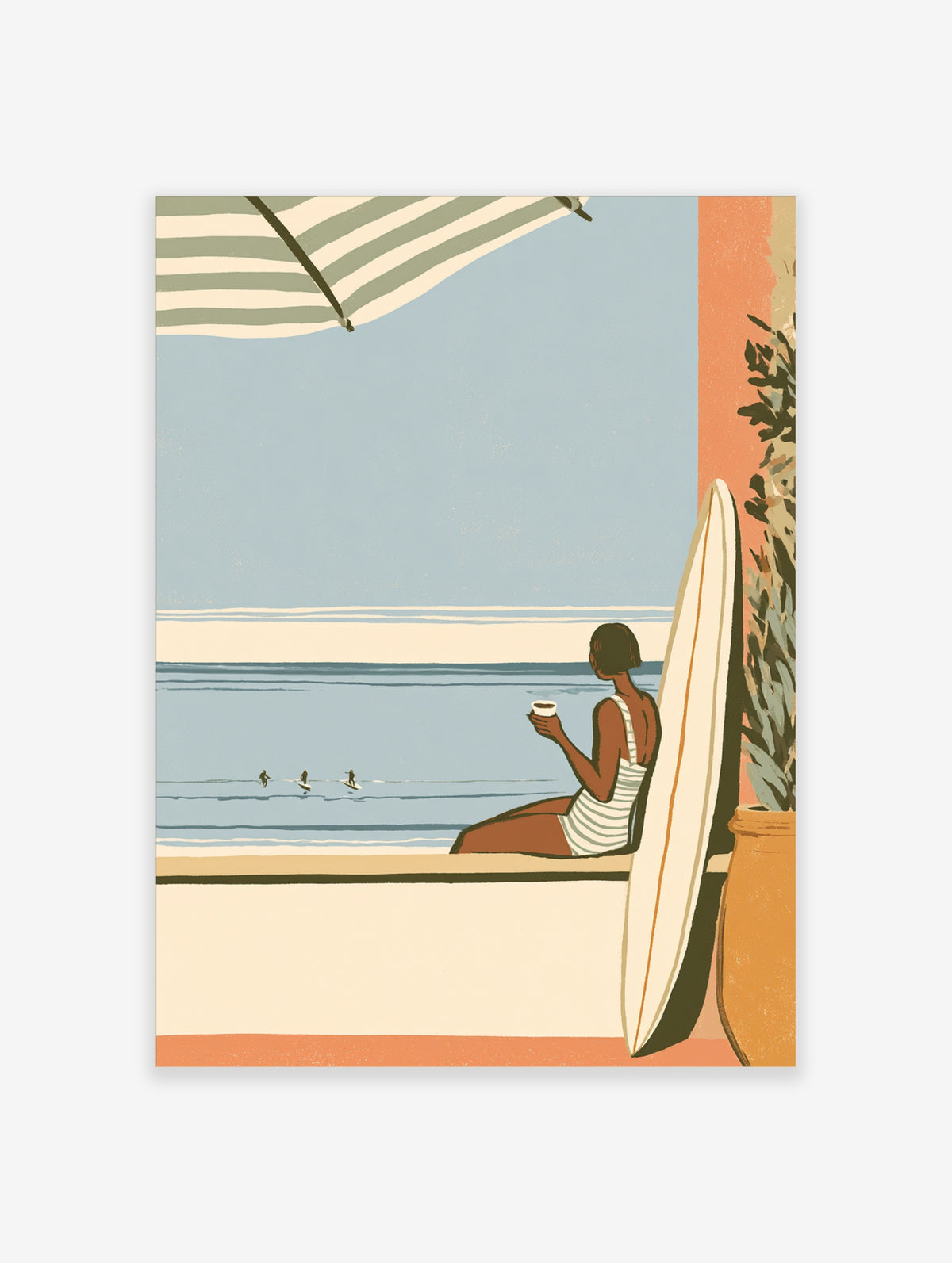 Coastal art print of a woman in a striped swimsuit holding coffee beside a surfboard, with ocean waves and surfers