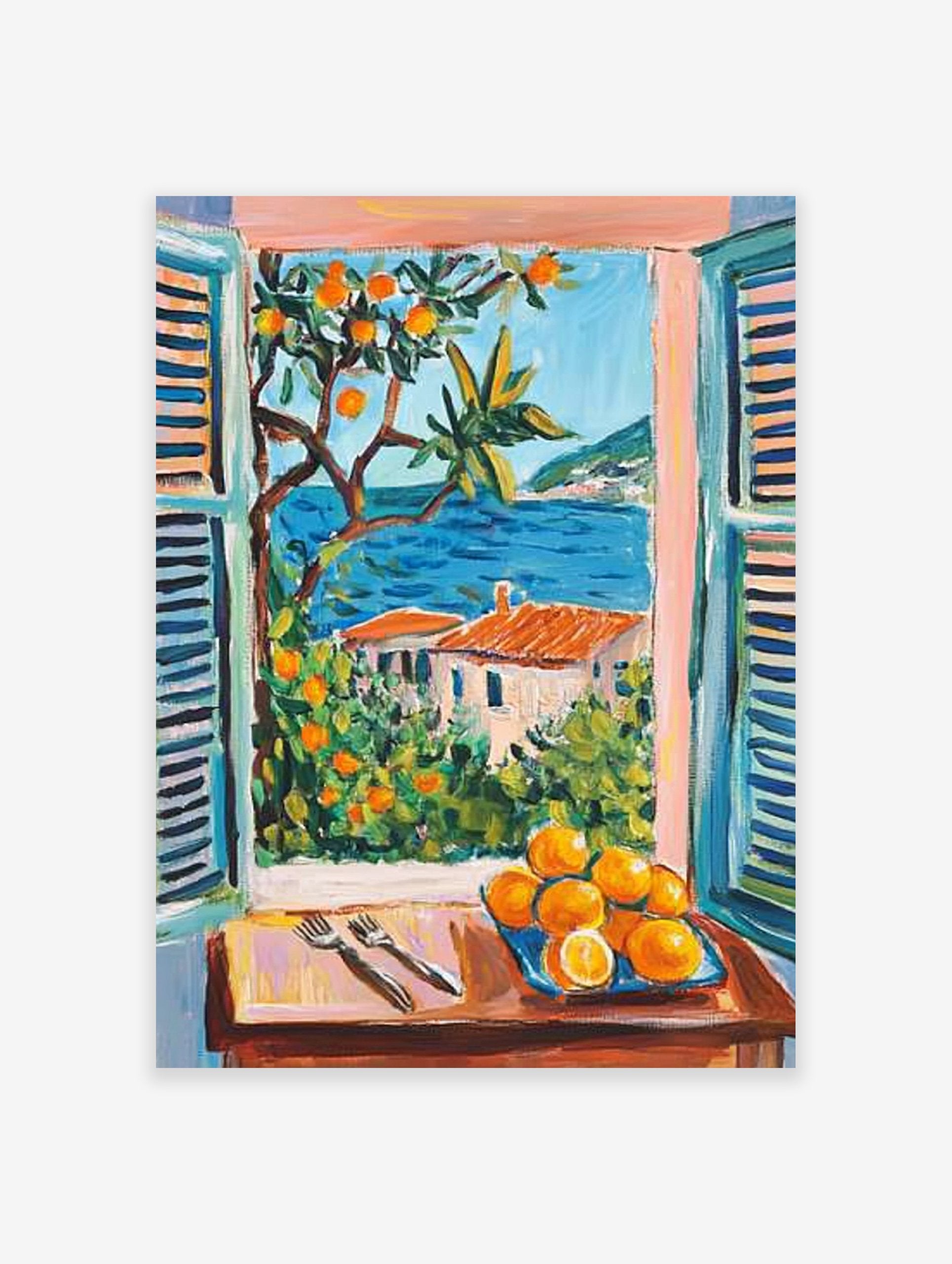 Coastal window art print showing a Mediterranean landscape with blue sea, orange trees, houses, and a plate of oranges.