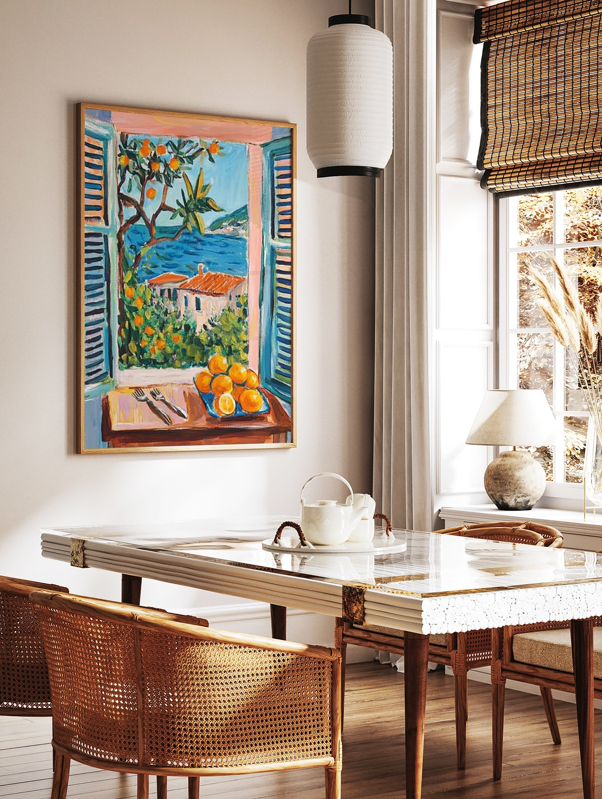 Coastal window art print showing a Mediterranean landscape with blue sea, orange trees, houses, and a plate of oranges. - Image 2