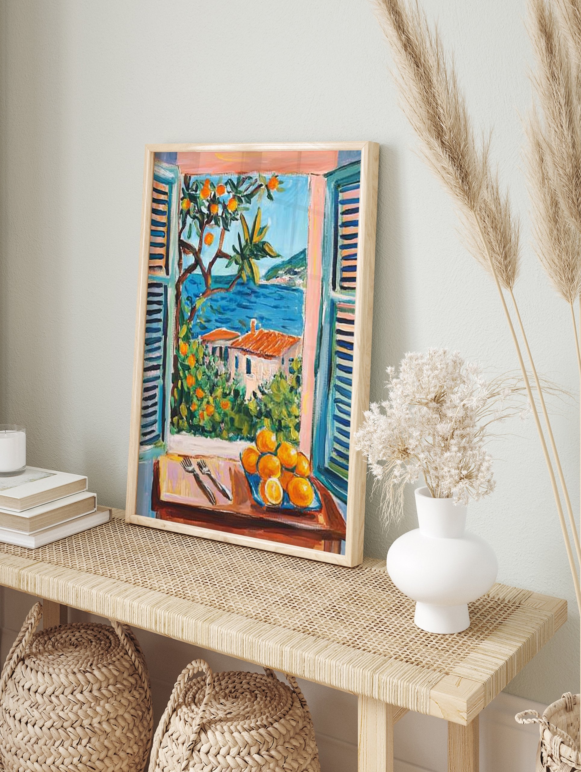 Coastal window art print showing a Mediterranean landscape with blue sea, orange trees, houses, and a plate of oranges. - Image 4