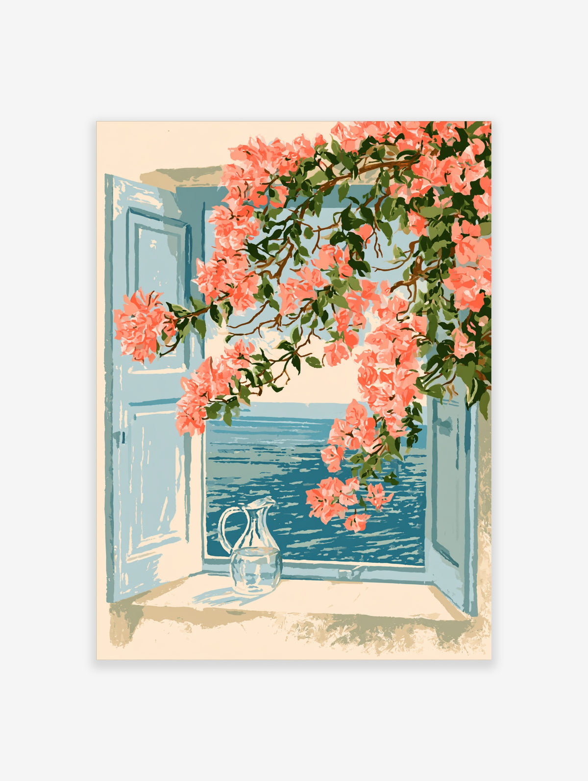 Pink bougainvillea over blue open window frame with sea view and glass jug coastal poster print