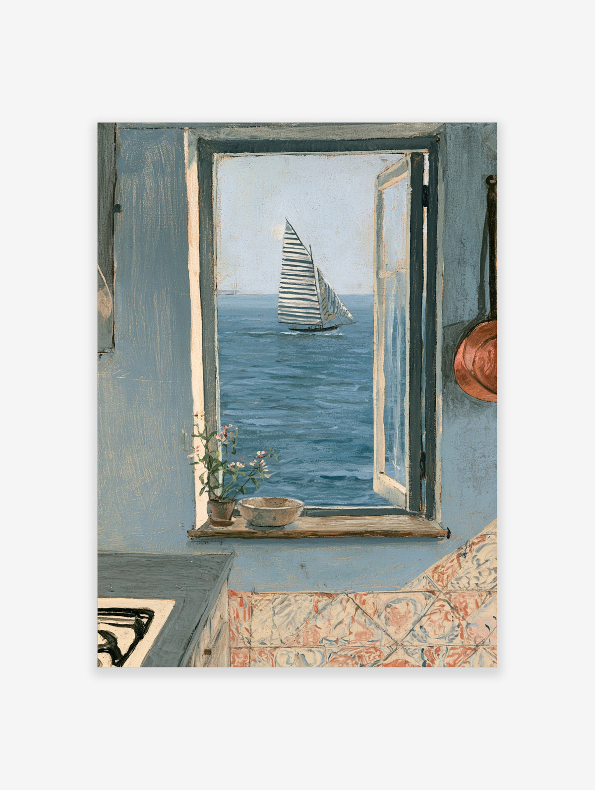 Blue coastal window view poster with sailboat on sea, flowerpot and bowl on sill