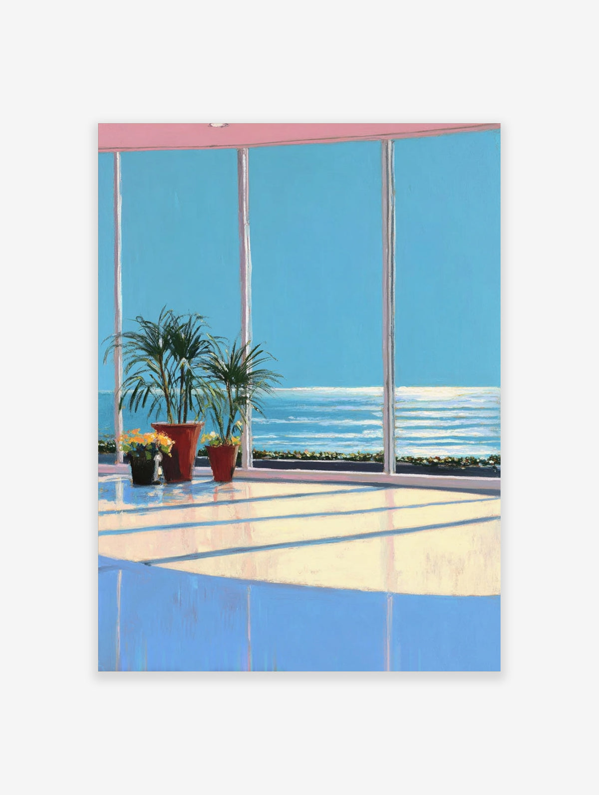 Coastal window view poster with potted palms, blue ocean, and sunlight across a pale floor