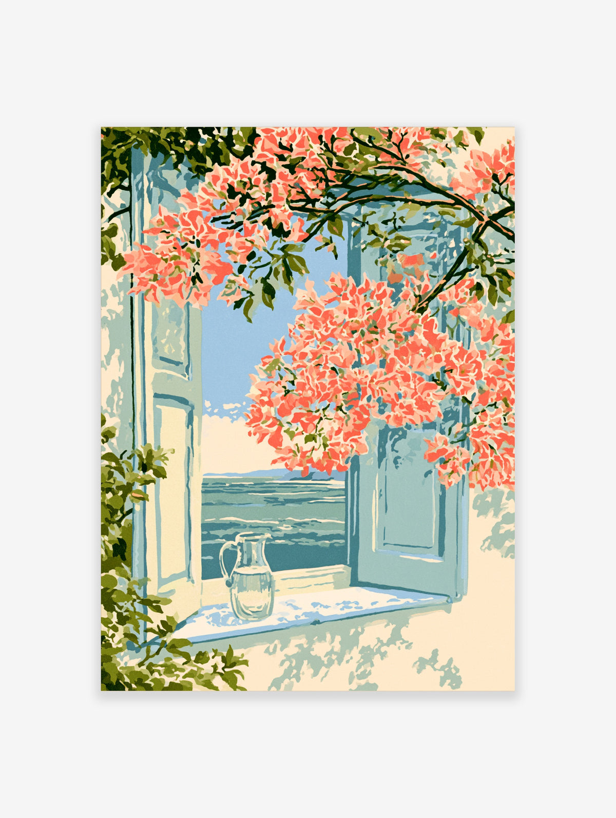 Coastal window view poster with pink blossoms, blue shutters, glass jug, and ocean view