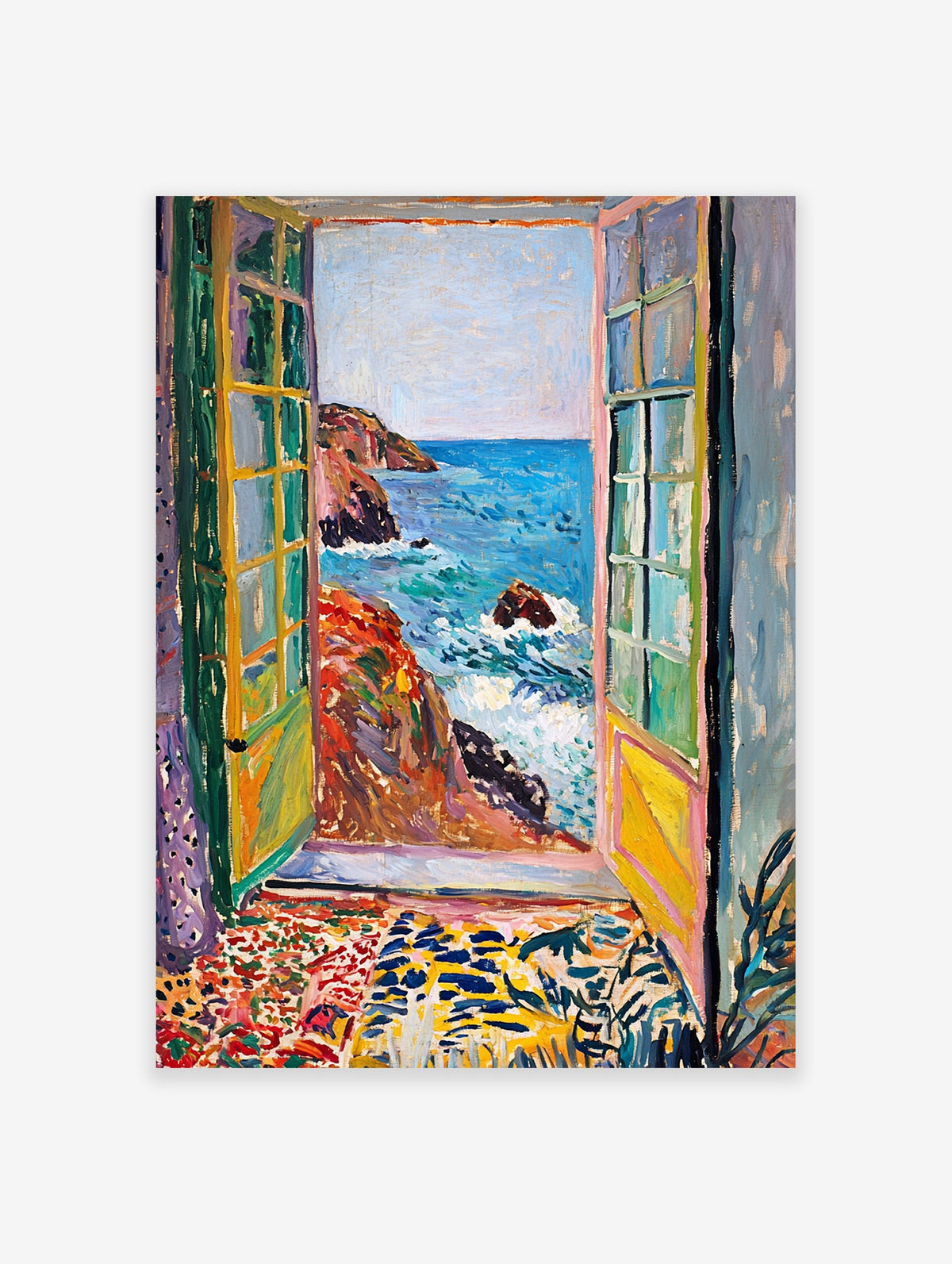 Vibrant coastal window view poster depicting a seascape with crashing waves, rocky cliffs, and colorful window frames.