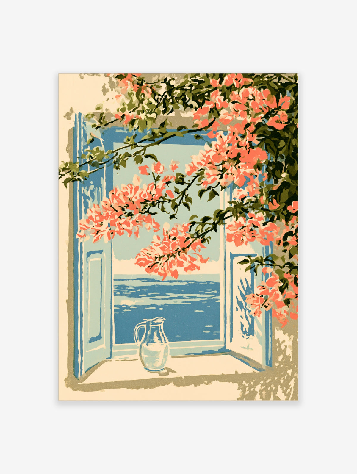 Coastal window art print with pink flowers, blue shutters, sea view and glass jug on sill