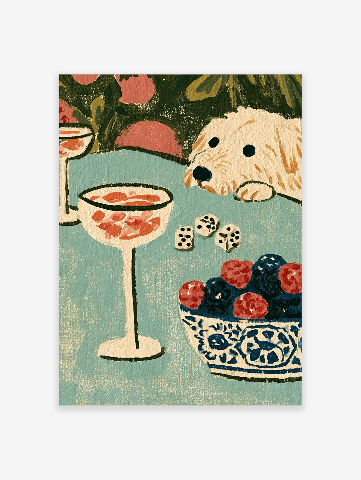 Cocktail glass, dice, and berry bowl with cream dog on teal table, still life art print