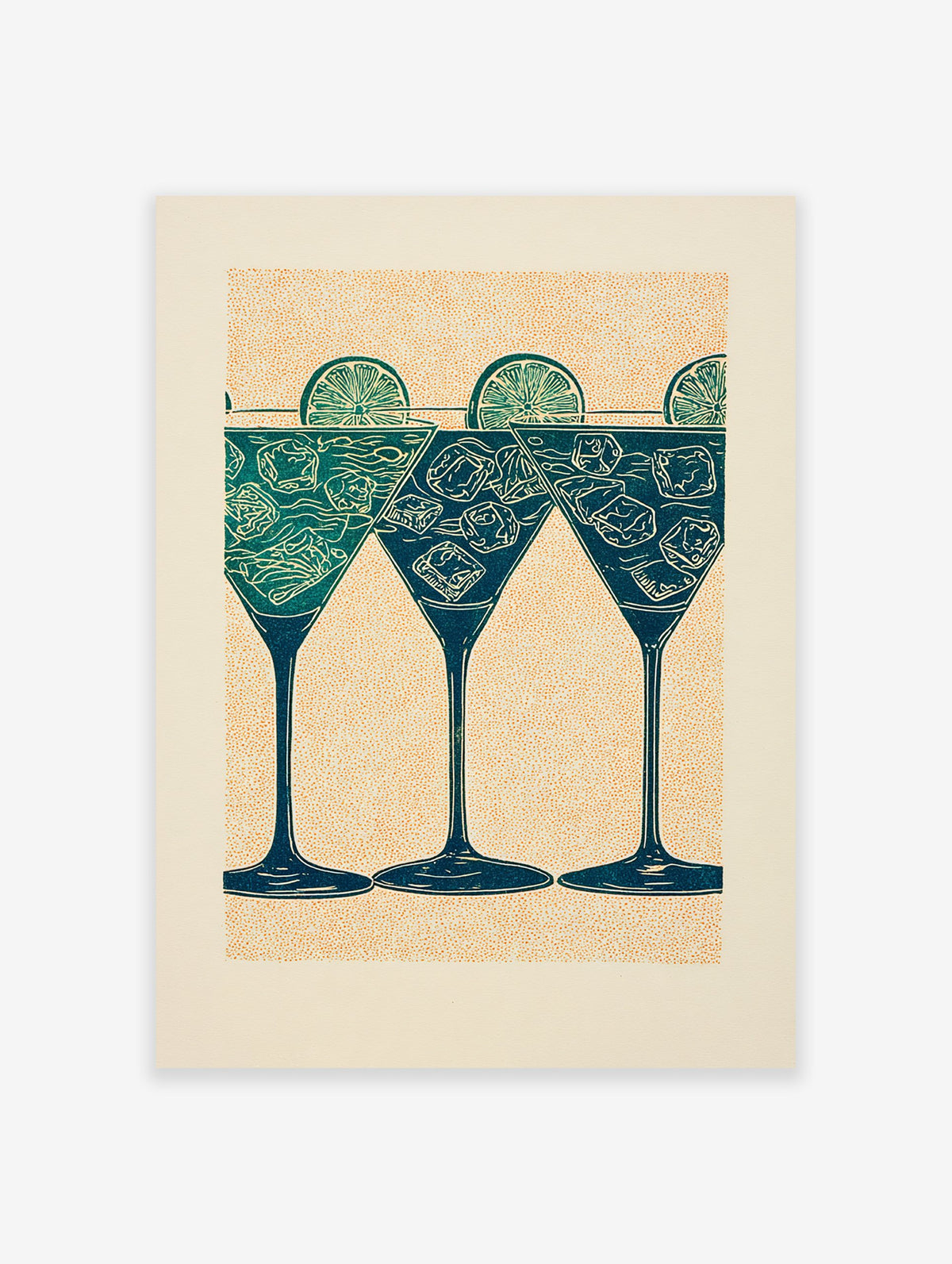 Three illustrated cocktail glasses with lime slices and ice in teal and green on a stippled orange background.