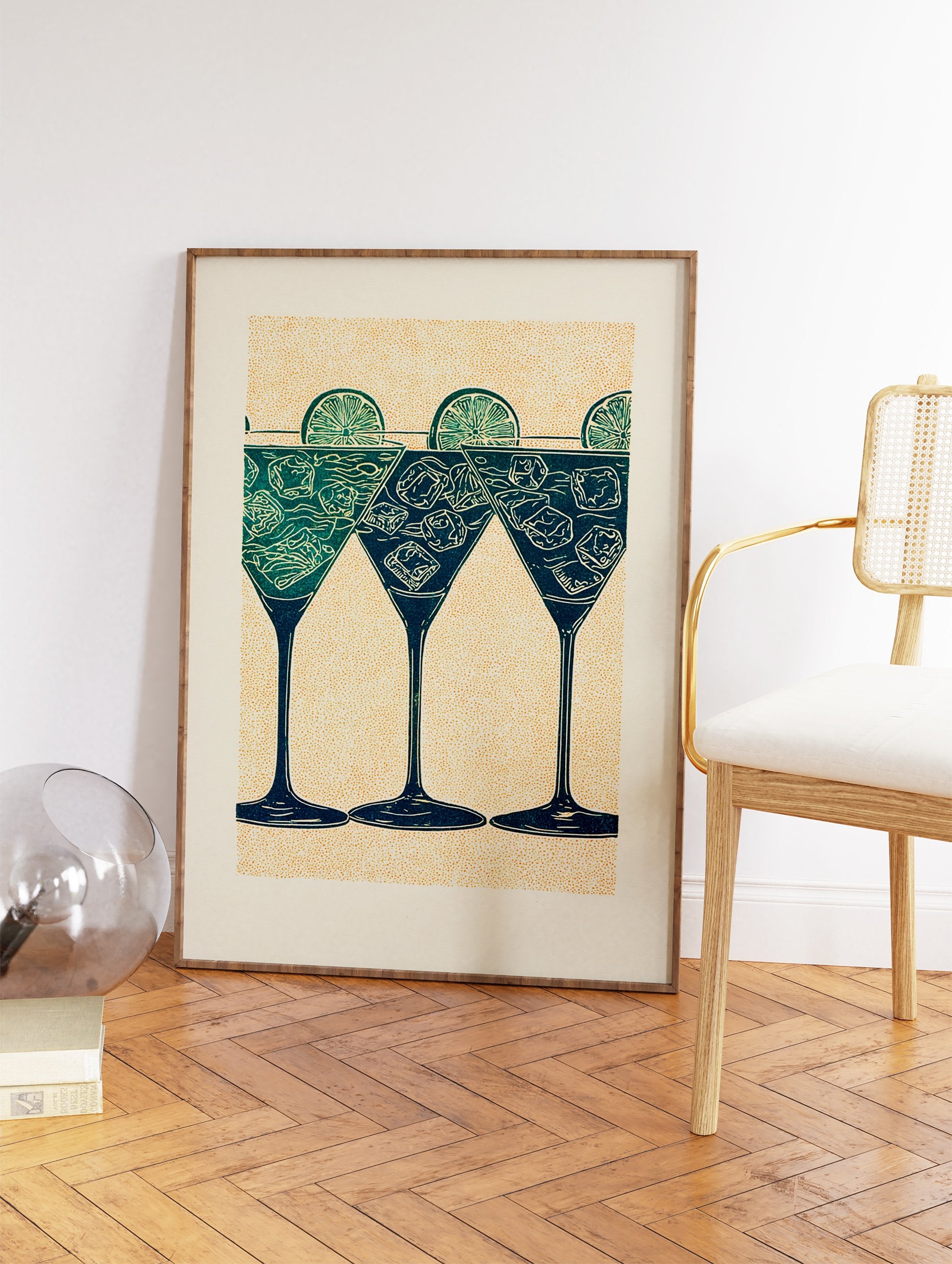 Three illustrated cocktail glasses with lime slices and ice in teal and green on a stippled orange background. - Image 2