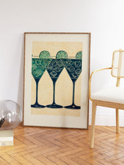 Three illustrated cocktail glasses with lime slices and ice in teal and green on a stippled orange background. - Image 2