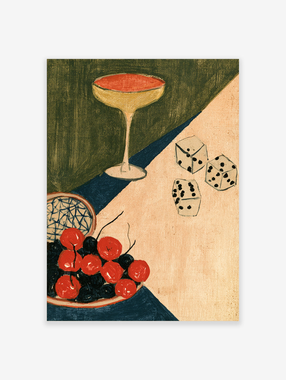 Still life poster with coupe glass, dice, and cherries on green and beige background
