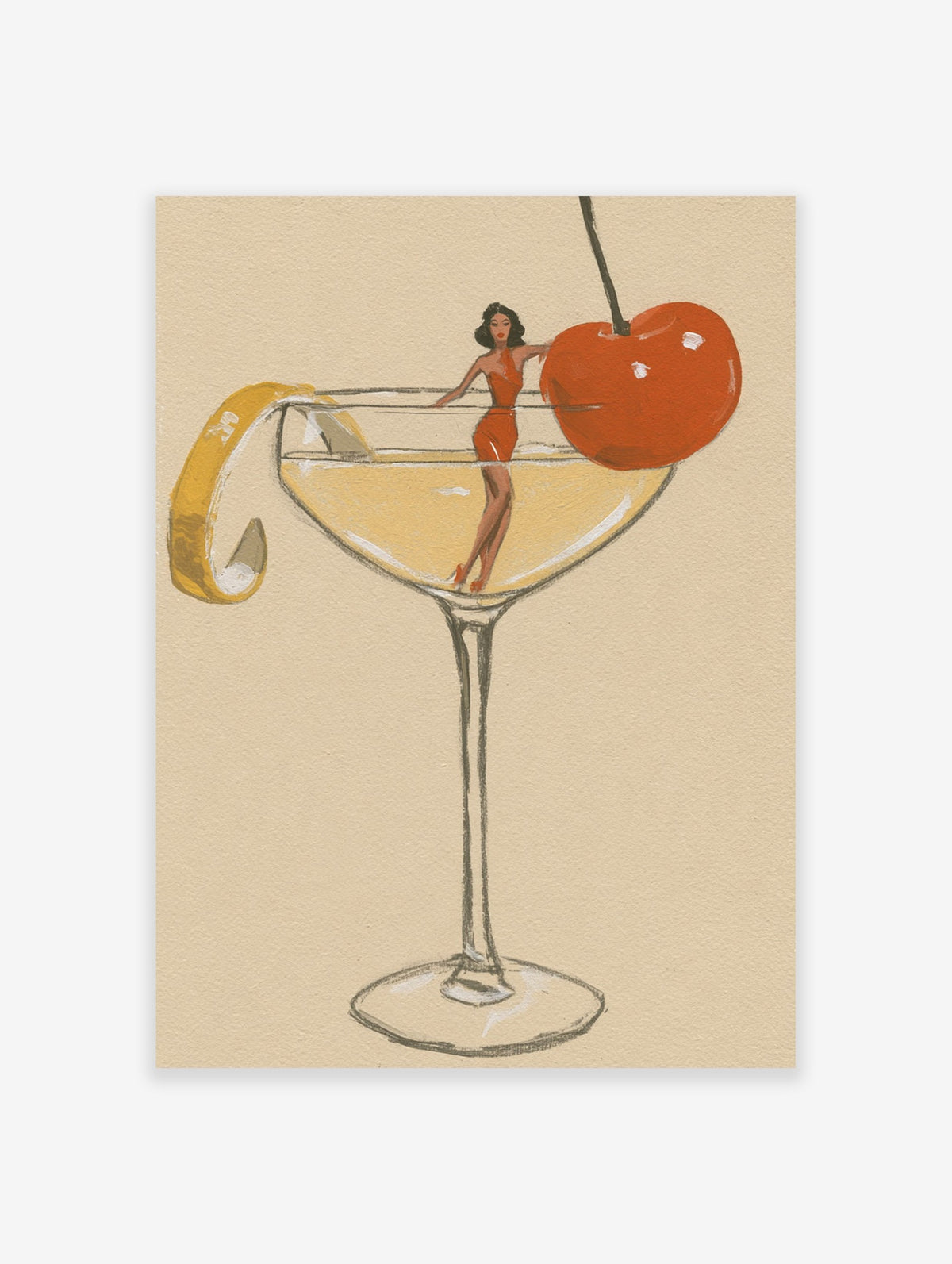 Illustrative cocktail poster featuring a woman in a martini glass with a red cherry and lemon twist on a beige background
