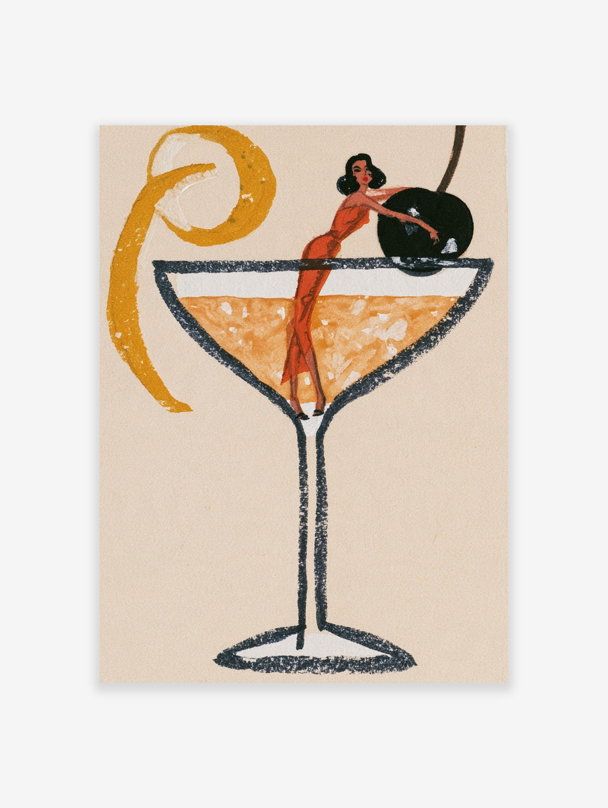 Retro cocktail illustration of a woman in a glass with a cherry and orange twist