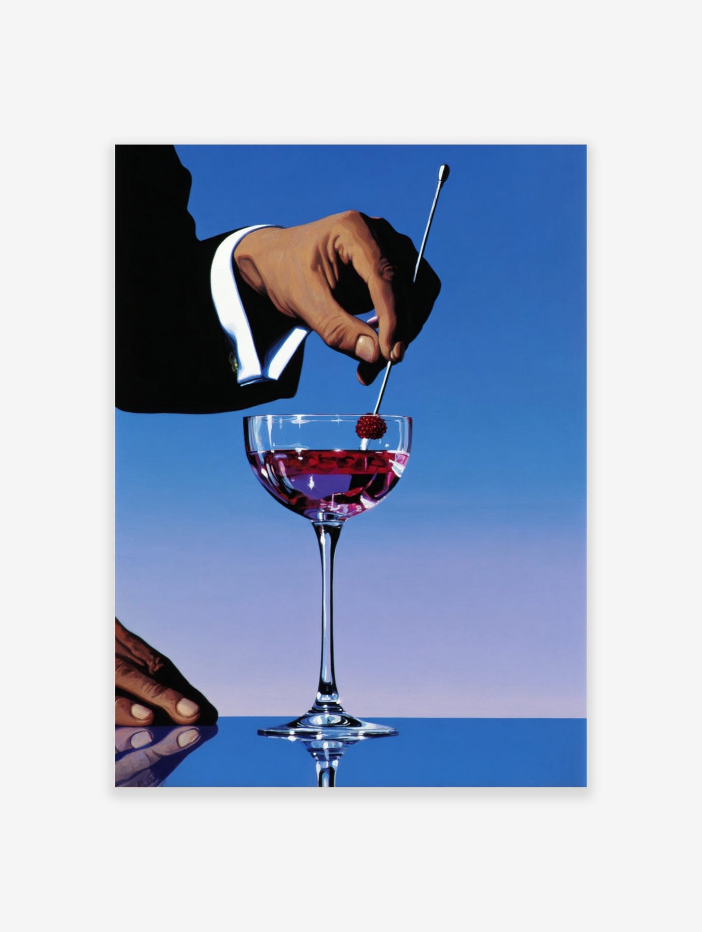 Cocktail poster with hand stirring red drink in coupe glass on blue background