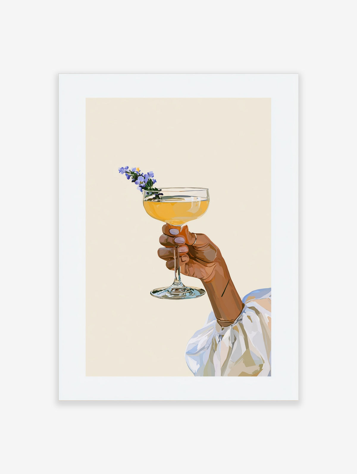 Illustration of a hand holding a coupe glass with amber drink and purple flowers on a beige background