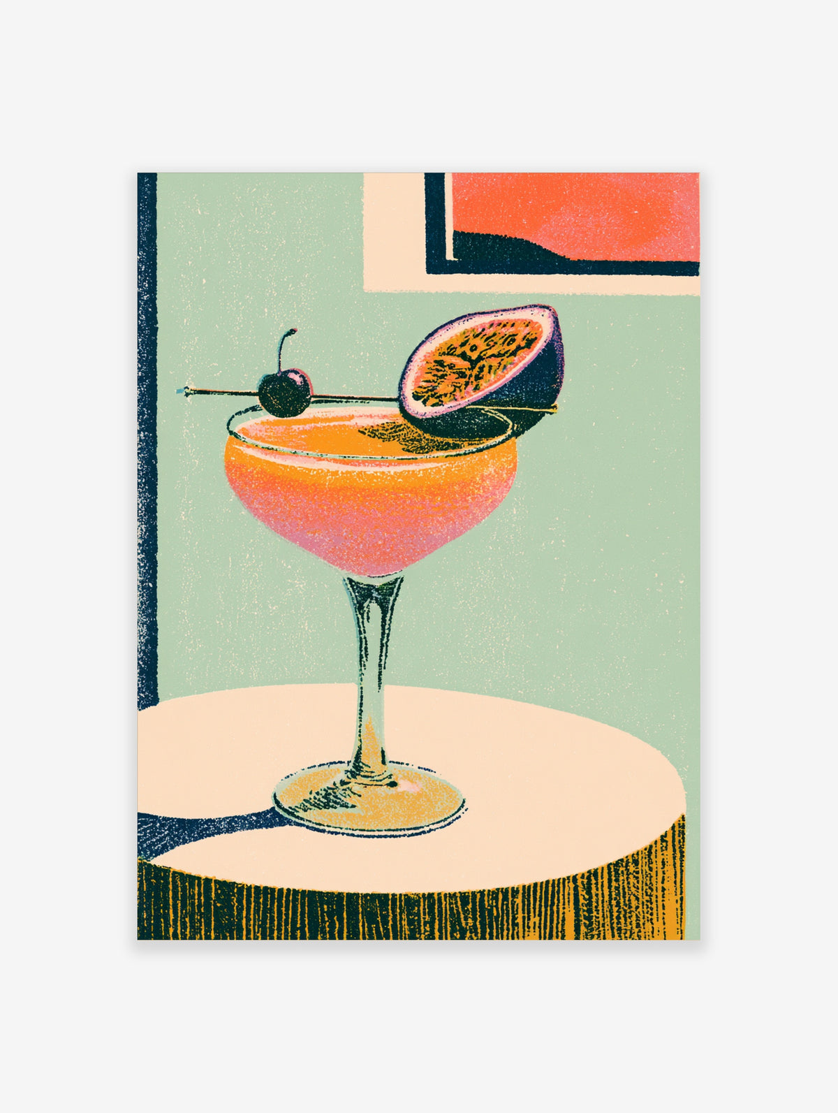 Retro cocktail poster with pink orange coupe, cherry pick and passion fruit on mint green background