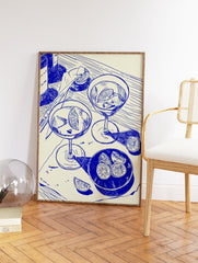 Blue line art illustration of two cocktails with lime slices, ice, a bottle, and a knife, suitable for cocktail wall art. - Image 2