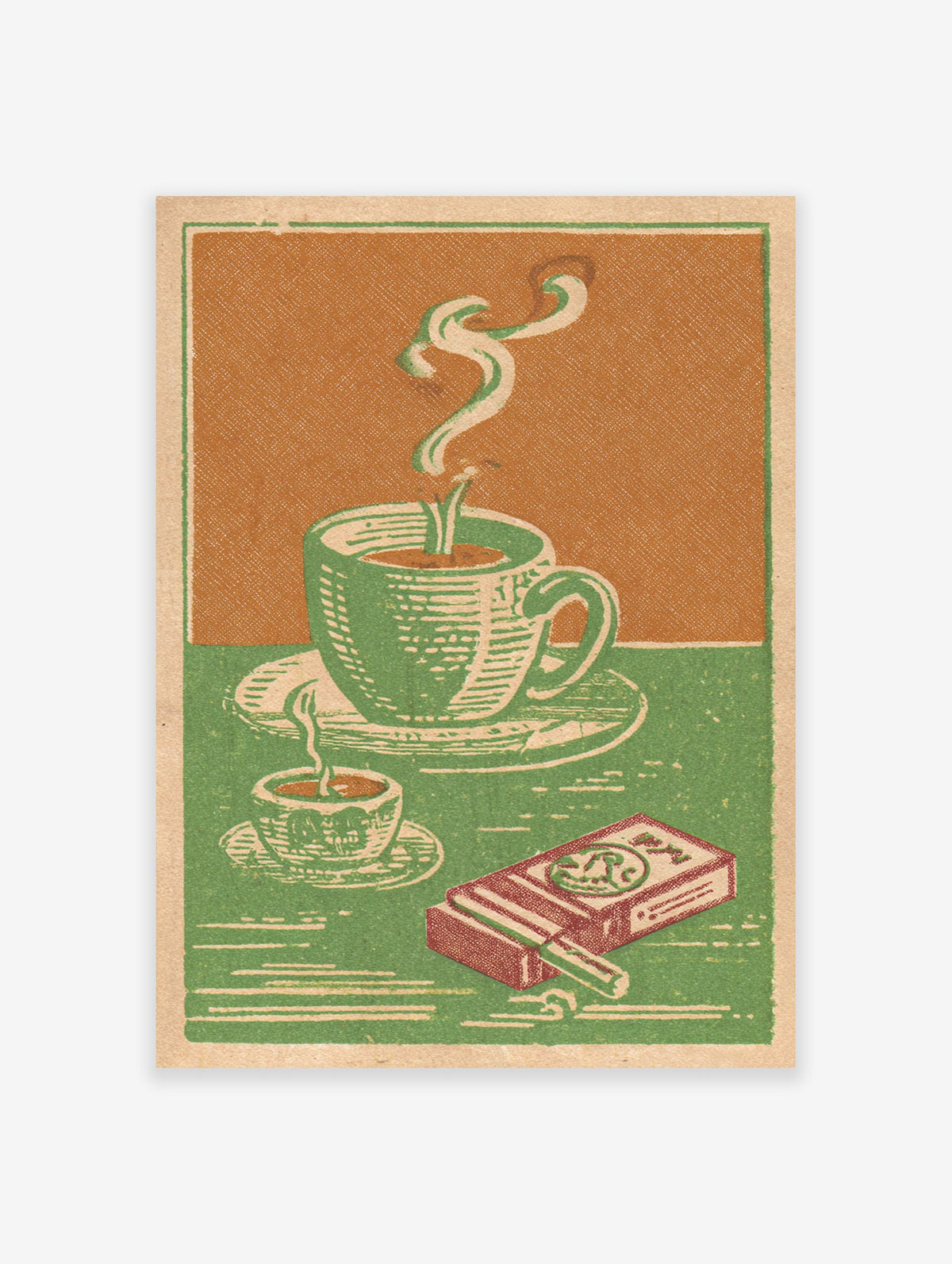 Vintage poster illustration of two steaming green coffee cups and an orange cigarette pack on a green and orange background.