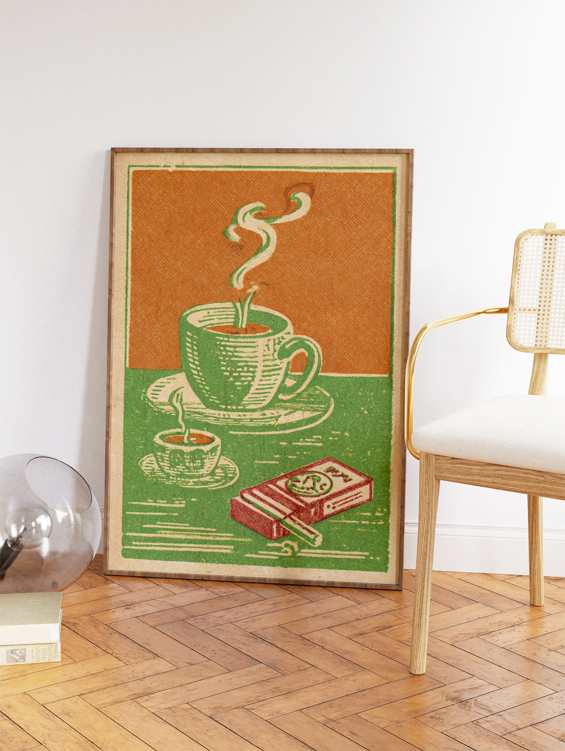 Vintage poster illustration of two steaming green coffee cups and an orange cigarette pack on a green and orange background. - Image 2