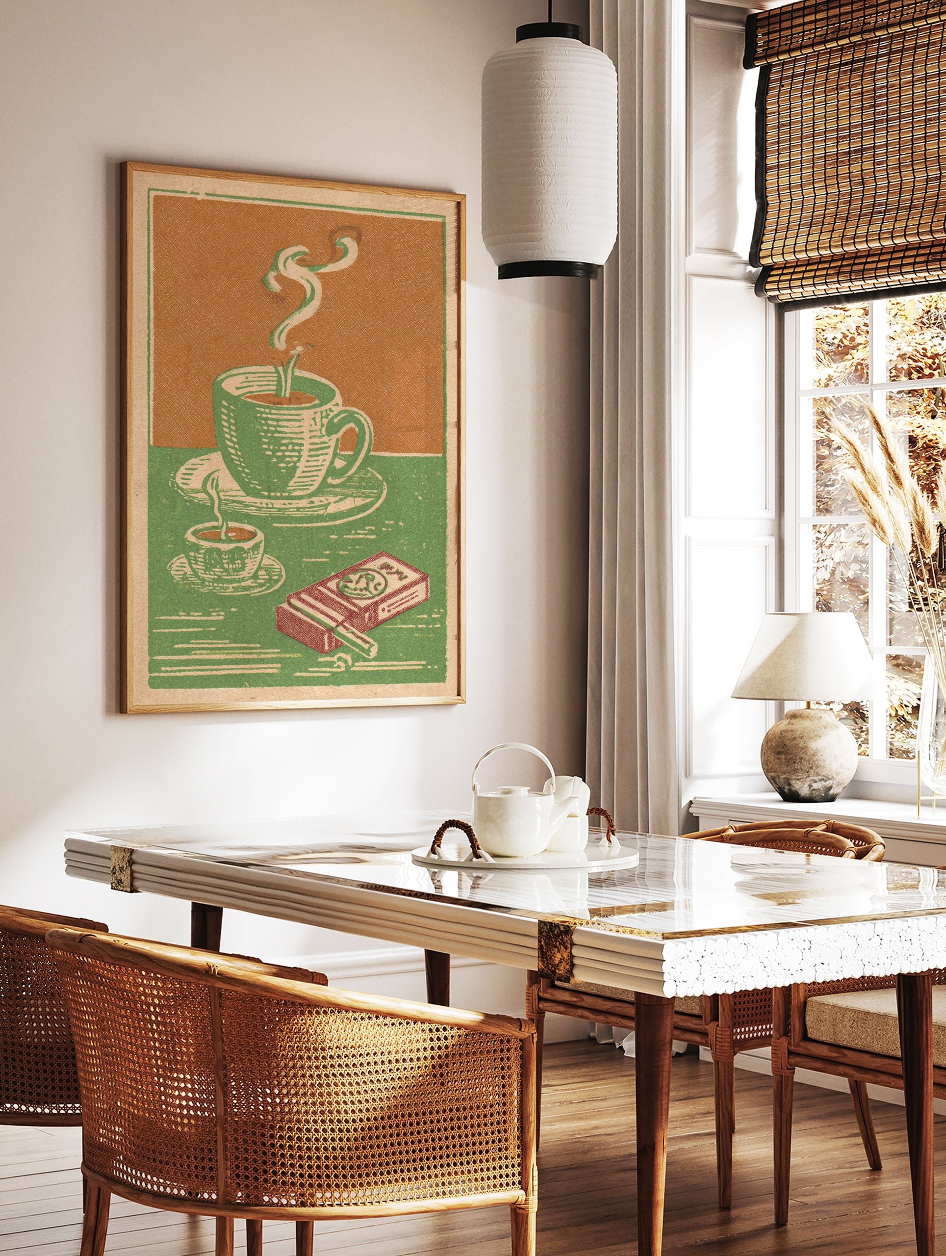 Vintage poster illustration of two steaming green coffee cups and an orange cigarette pack on a green and orange background. - Image 3