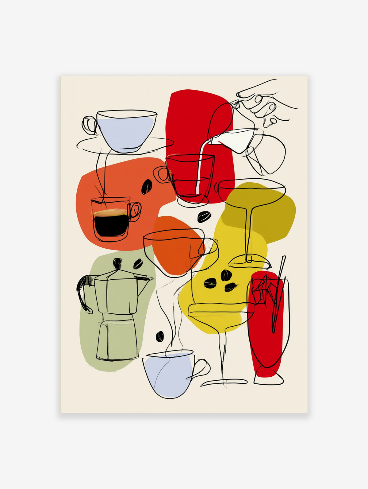 Modern line art print of coffee cups, moka pot, wine glasses, and cocktails on colourful abstract shapes