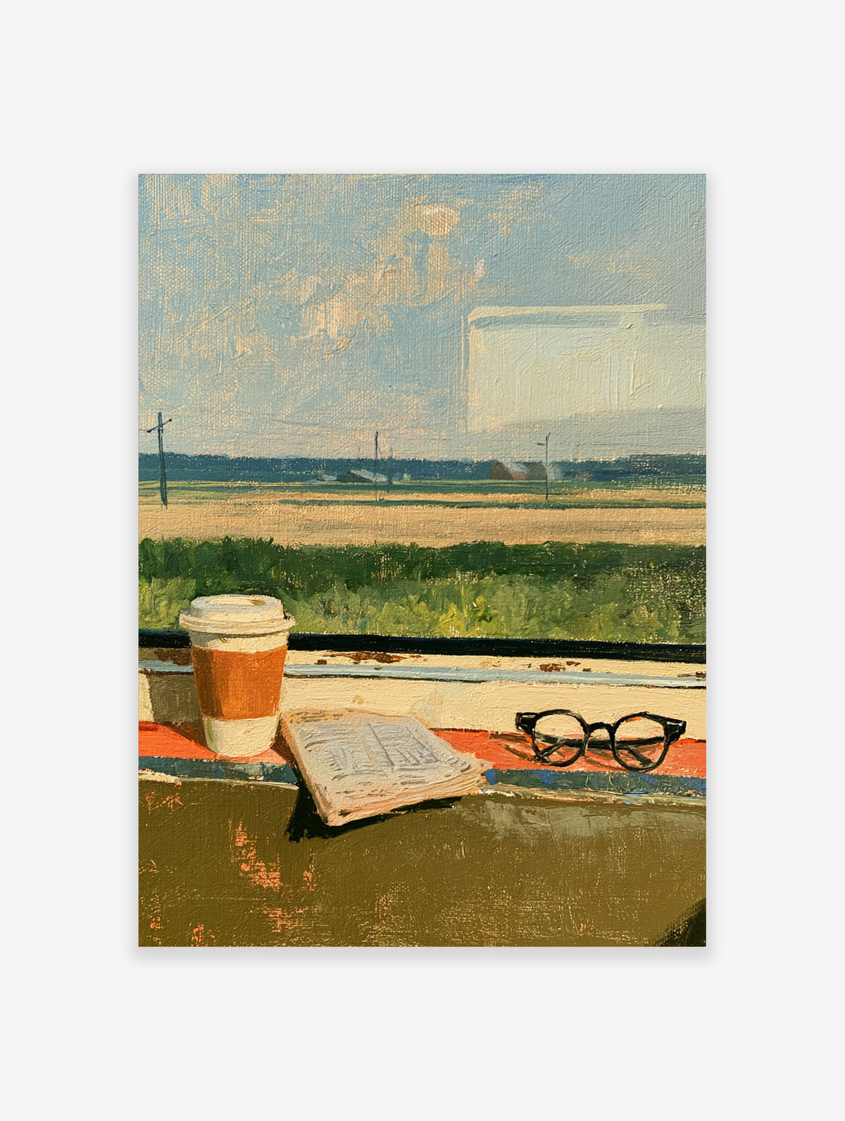 Coffee cup, open book, and glasses on a windowsill overlooking green fields and blue sky in a landscape print