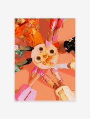 Top-down illustrative art print of a table with coffee and oranges surrounded by four people, painted in vibrant colours