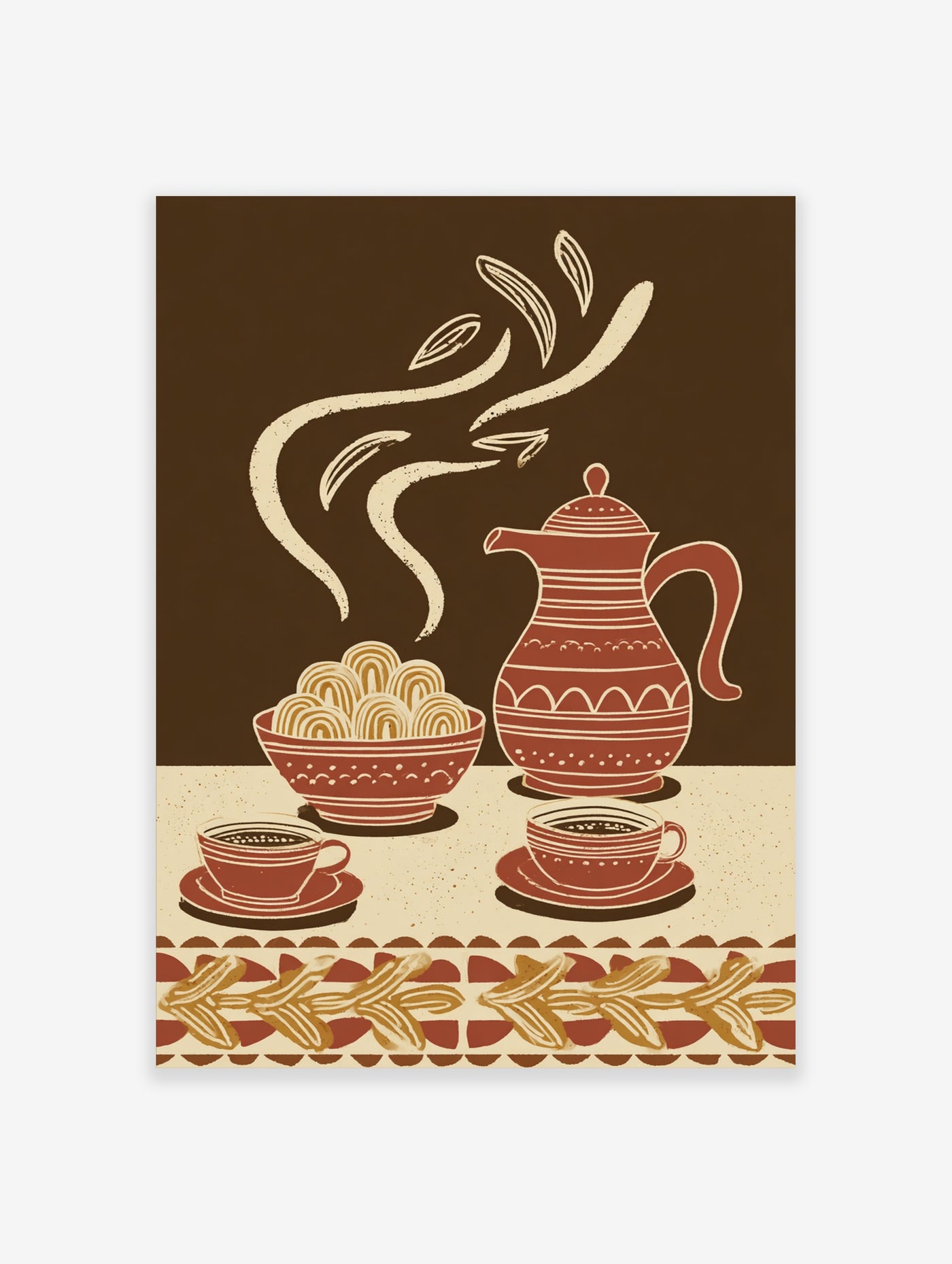 Red teapot and coffee cups with pastries, brown background, cream steam, decorative border, illustration print