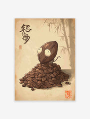 Whimsical coffee bean creature illustration on a pile of coffee beans, with Japanese calligraphy and bamboo on a textured background.