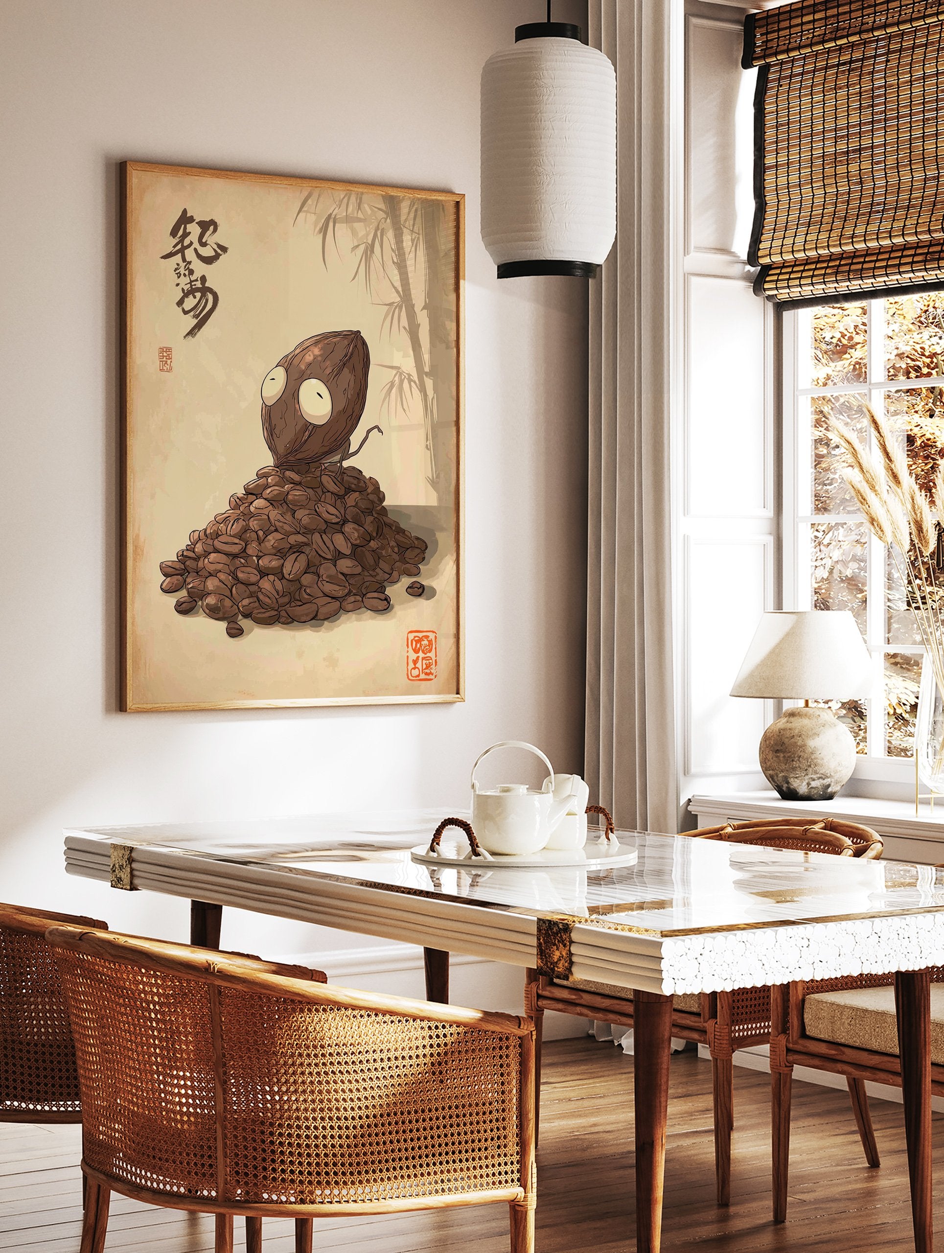 Whimsical coffee bean creature illustration on a pile of coffee beans, with Japanese calligraphy and bamboo on a textured background. - Image 3