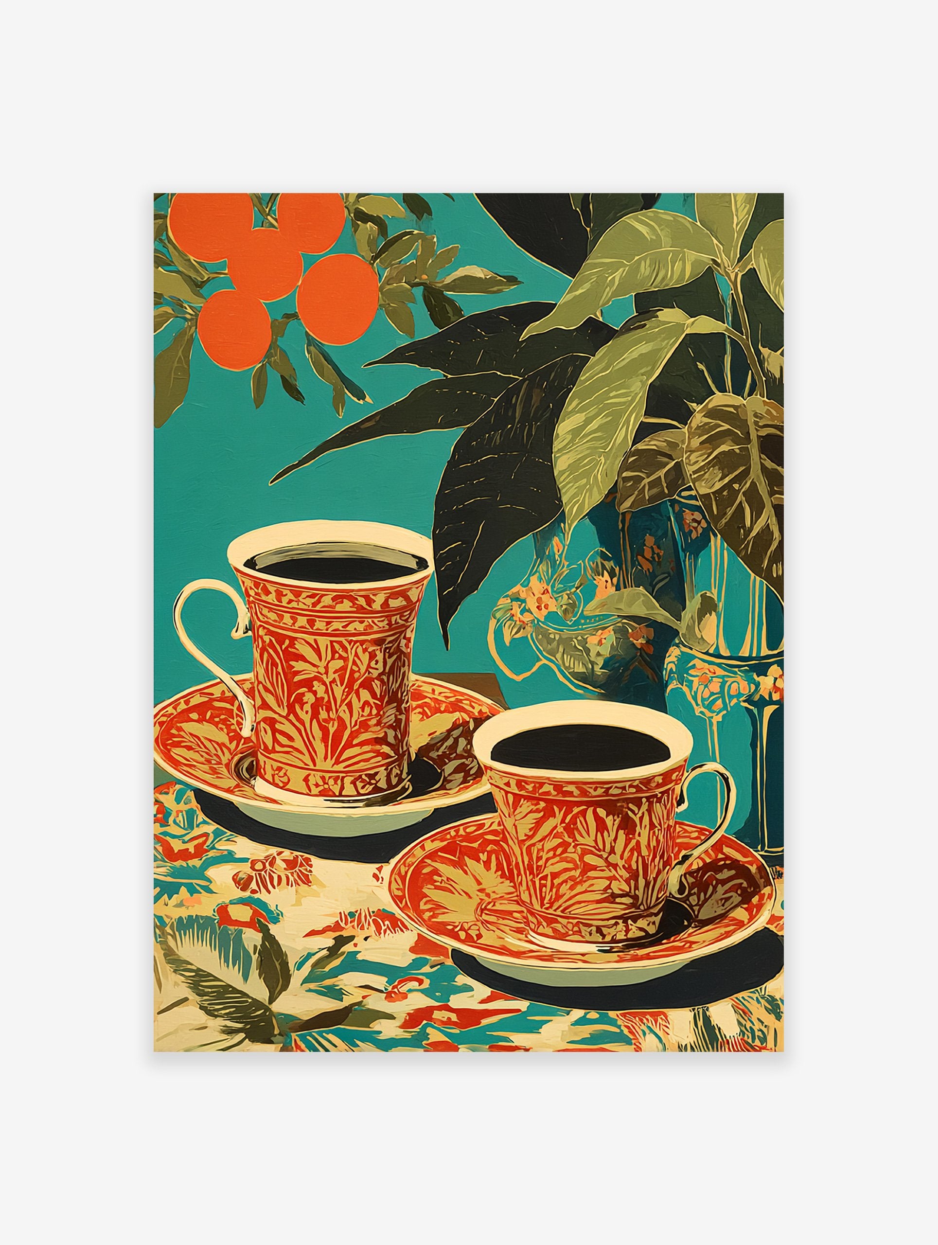 Teal background poster featuring two patterned coffee cups with saucers, oranges on a branch, and green plant leaves.