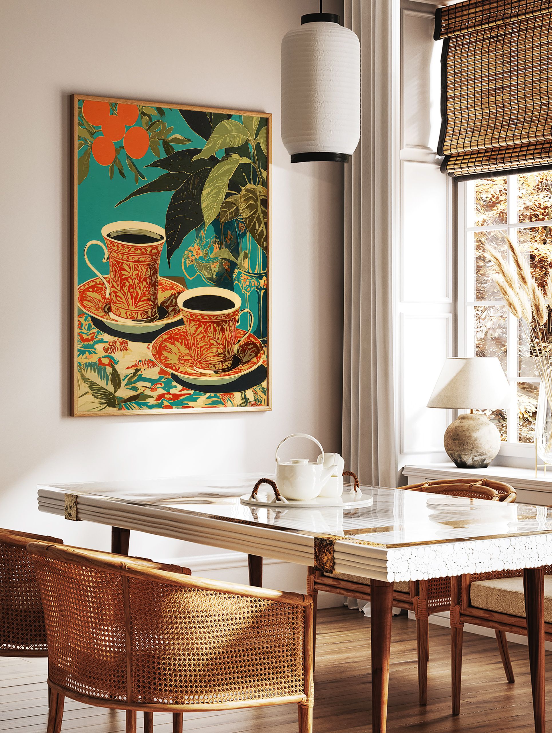 Teal background poster featuring two patterned coffee cups with saucers, oranges on a branch, and green plant leaves. - Image 2