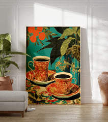 Teal background poster featuring two patterned coffee cups with saucers, oranges on a branch, and green plant leaves. - Image 3