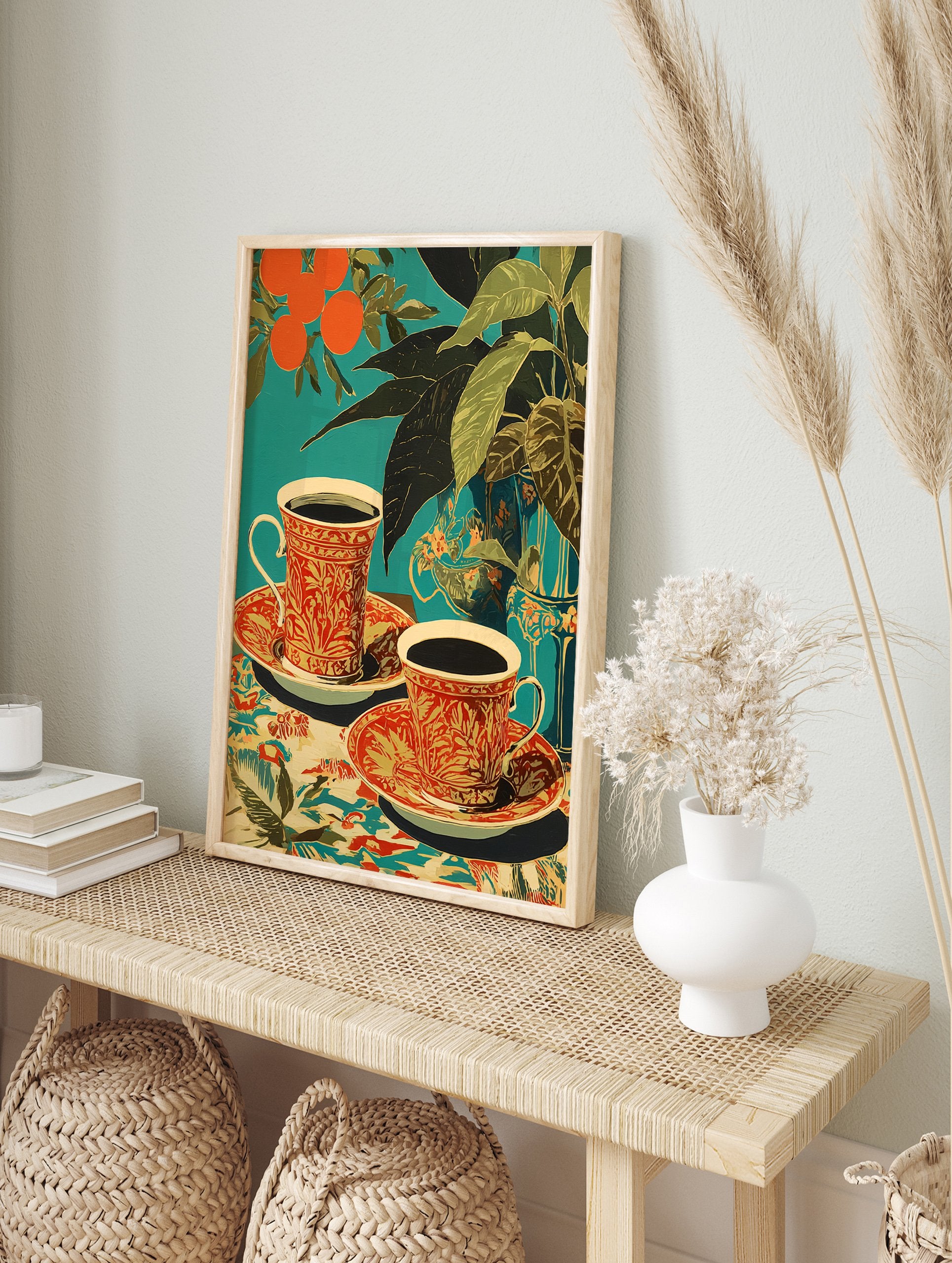 Teal background poster featuring two patterned coffee cups with saucers, oranges on a branch, and green plant leaves. - Image 4