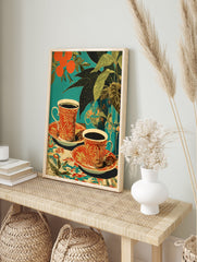 Teal background poster featuring two patterned coffee cups with saucers, oranges on a branch, and green plant leaves. - Image 4