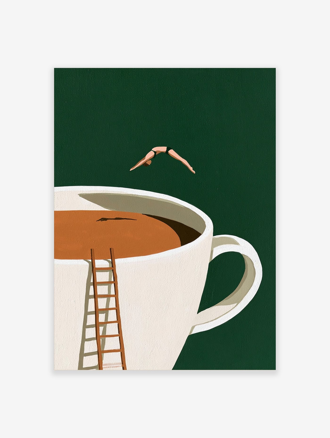 Surreal illustration of a person diving into a giant cup of coffee against a deep green background with a wooden ladder