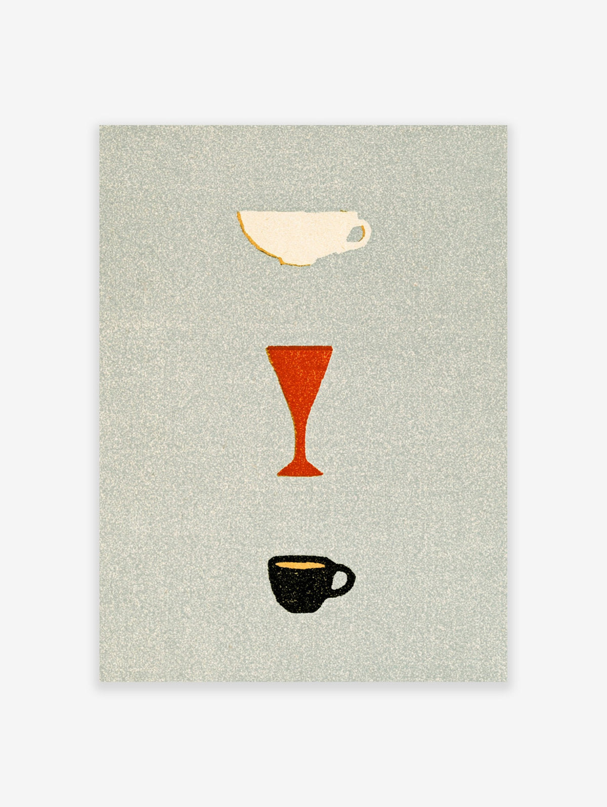 Minimalist art print of a white cup, orange glass, and black espresso cup on a textured background