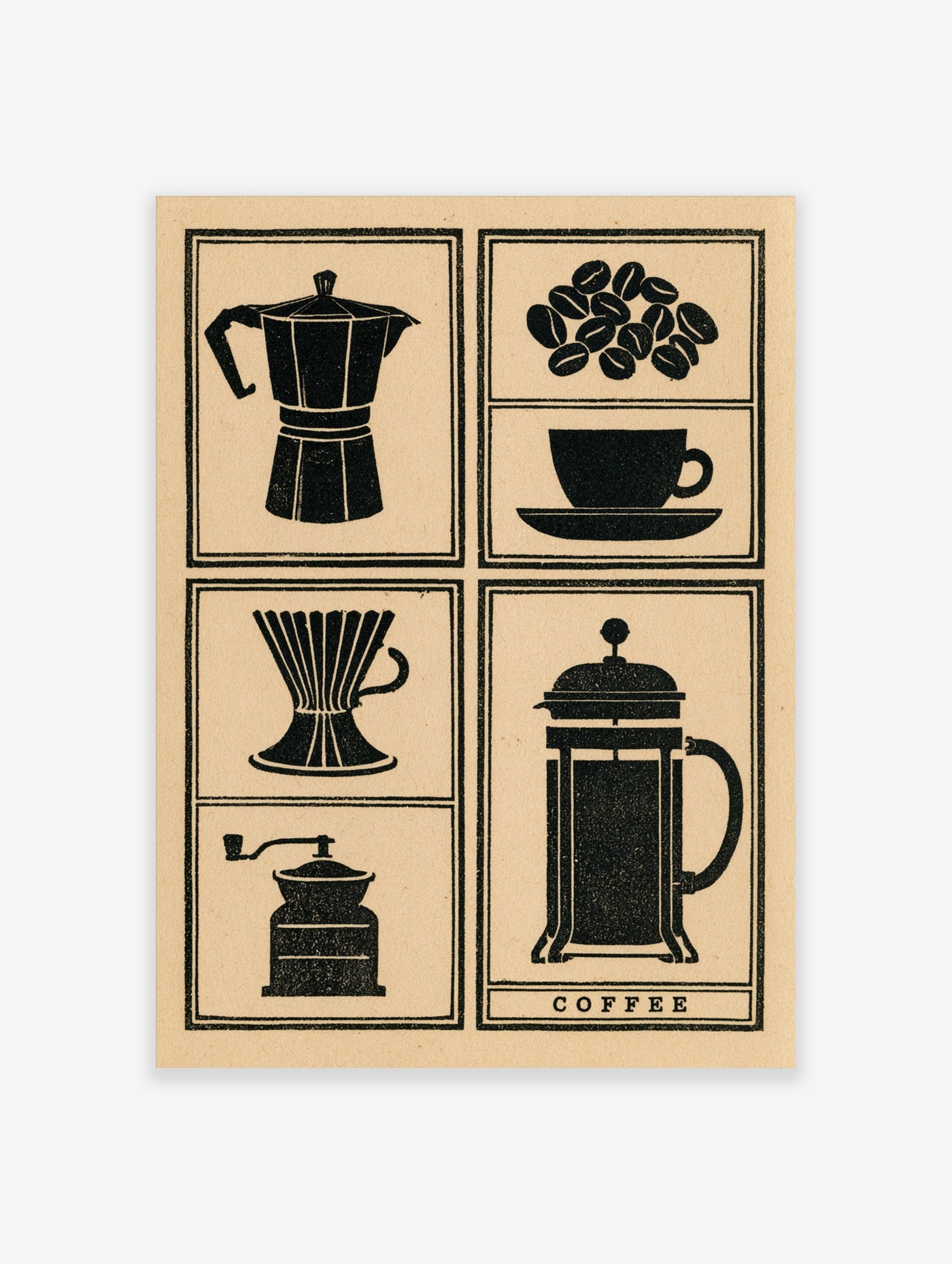 Coffee equipment wall art poster with Moka pot, grinder, and French press in black ink on a tan background