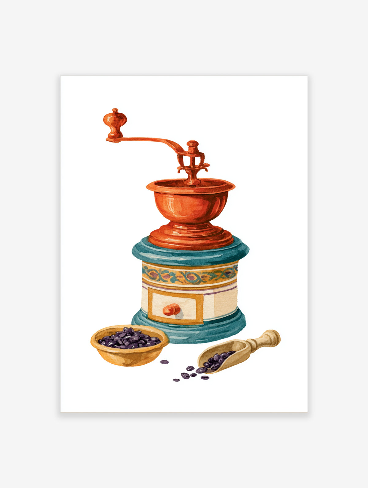 Watercolour illustration of a vintage coffee grinder with copper top and blue base, with coffee beans in a wooden bowl